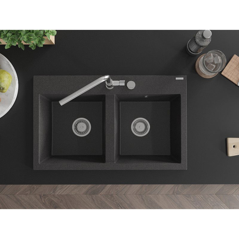 Mexen Hektor dvojkomorový granitový drez 800 x 480 mm, čierny s fľakmi, chrómový sifón - 6521802000-76