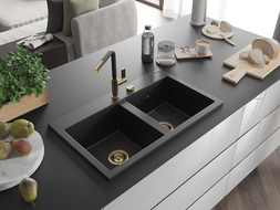 Mexen Hektor žulový drez 2-komorový 800 x 480 mm, čierny, zlatý sifón - 6521802000-77-G