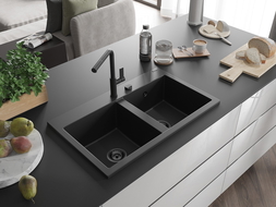 Mexen Hektor dvojkomorový žulový drez 800 x 480 mm, čierny, čierny sifón - 6521802000-77-B