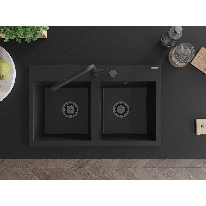 Mexen Hektor dvojkomorový žulový drez 800 x 480 mm, čierny, čierny sifón - 6521802000-77-B