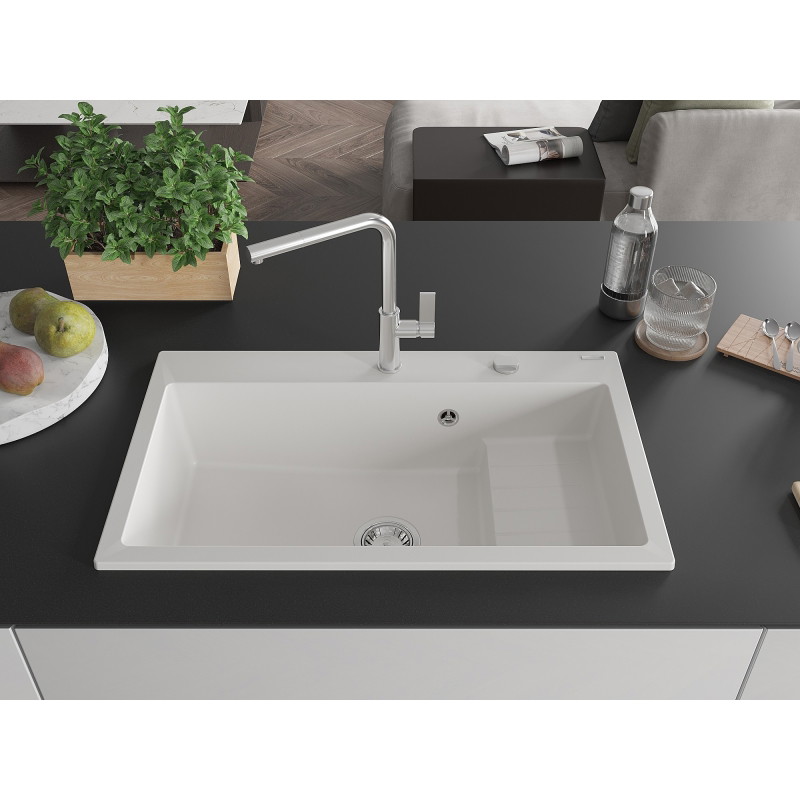 Mexen Omar granitový drez 1-komorový 800 x 480 mm, biely, sifón chróm - 6520801005-20