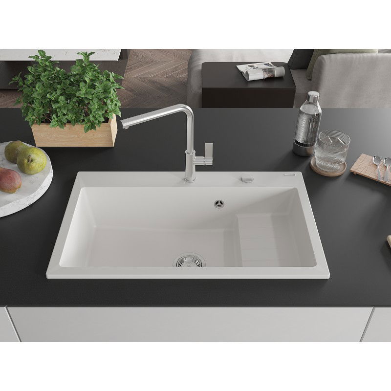 Mexen Omar žulový drez s jednou komorou 800 x 480 mm, biely, chrómový sifón - 6520801005-20