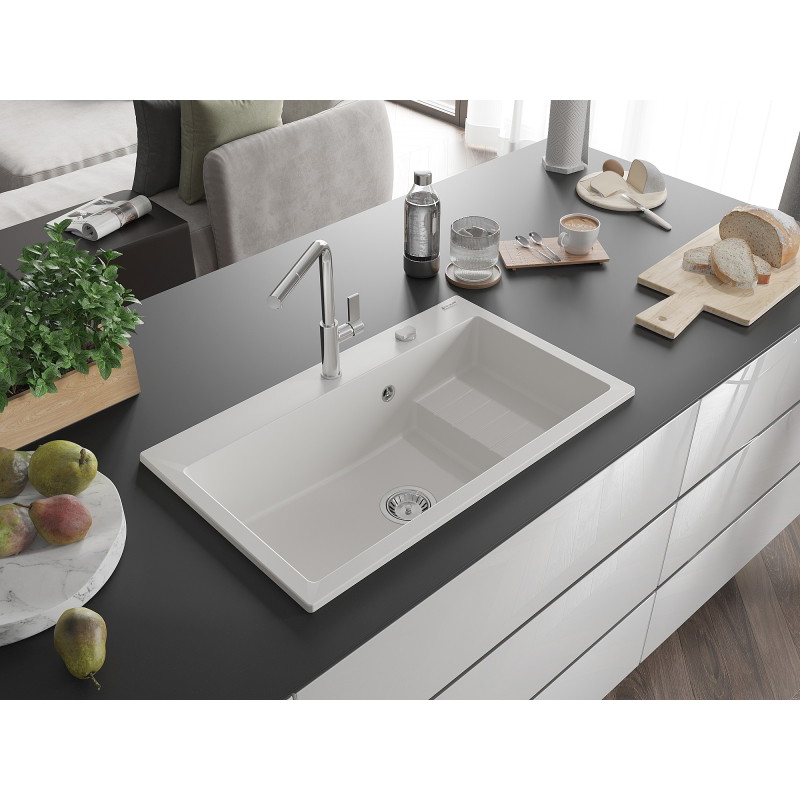 Mexen Omar granitový drez 1-komorový 800 x 480 mm, biely, sifón chróm - 6520801005-20