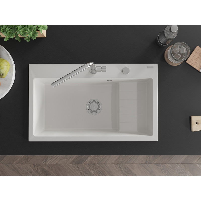 Mexen Omar granitový drez 1-komorový 800 x 480 mm, biely, sifón chróm - 6520801005-20