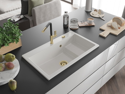 Mexen Omar kuchynský granitový drez 1-komorový 800 x 480 mm, biela, sifón zlatý - 6520801005-20-G