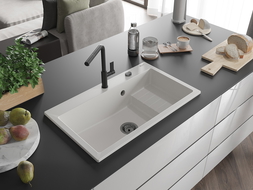 Mexen Omar žulový drez 1-komorový 800 x 480 mm, biely, čierny sifón - 6520801005-20-B