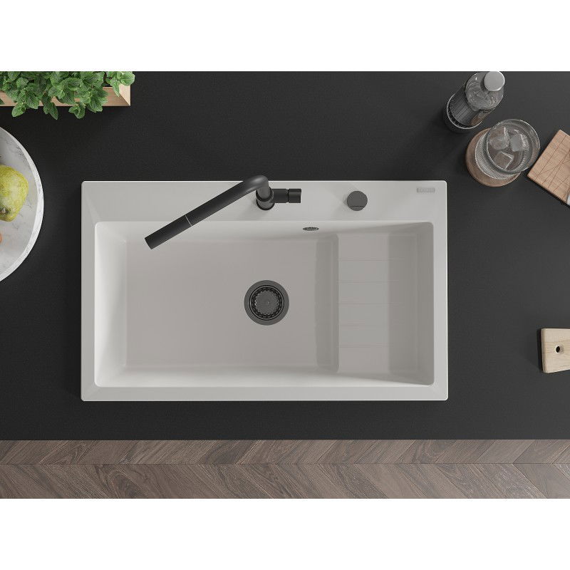 Mexen Omar žulový drez 1-komorový 800 x 480 mm, biely, čierny sifón - 6520801005-20-B