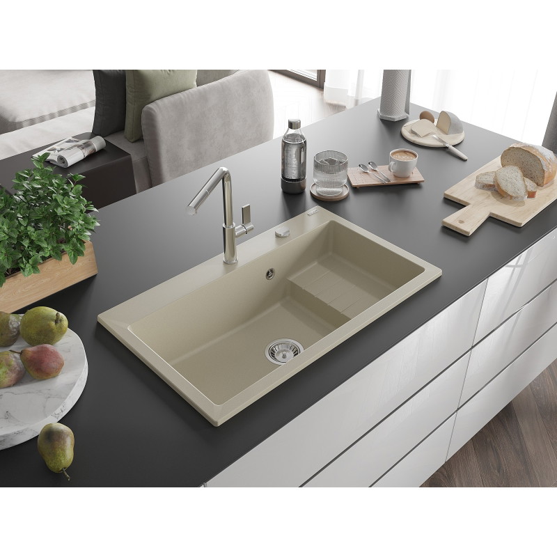 Mexen Omar granitový kuchynský drez 1-komorový 800 x 480 mm, béžový, sifón chróm - 6520801005-69
