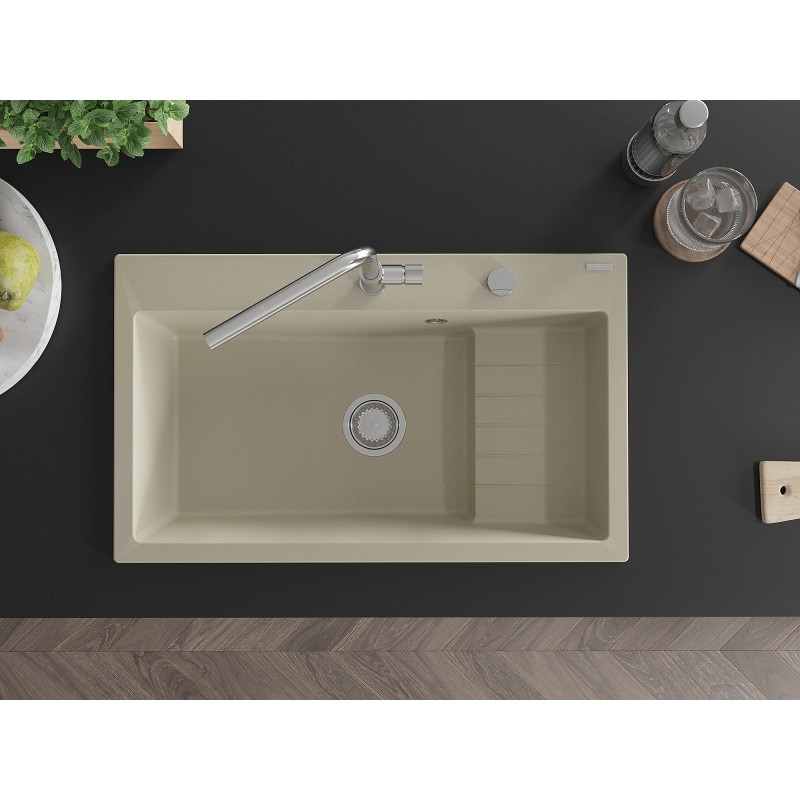 Mexen Omar granitový kuchynský drez 1-komorový 800 x 480 mm, béžový, sifón chróm - 6520801005-69