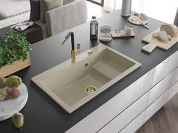 Mexen Omar granitový kuchynský drez 1-komorový 800 x 480 mm, béžový, sifón zlatý - 6520801005-69-G
