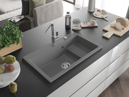 Mexen Omar žulový kuchynský drez s 1 komorou 800 x 480 mm, sivý, sifón chróm - 6520801005-71