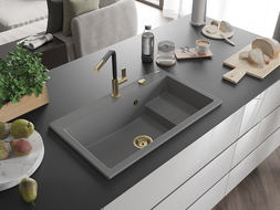 Mexen Omar granitový kuchynský drez, 1-komorový 800 x 480 mm, sivý, sifón zlatý - 6520801005-71-G