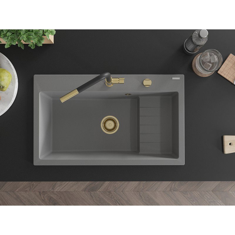 Mexen Omar granitový kuchynský drez, 1-komorový 800 x 480 mm, sivý, sifón zlatý - 6520801005-71-G