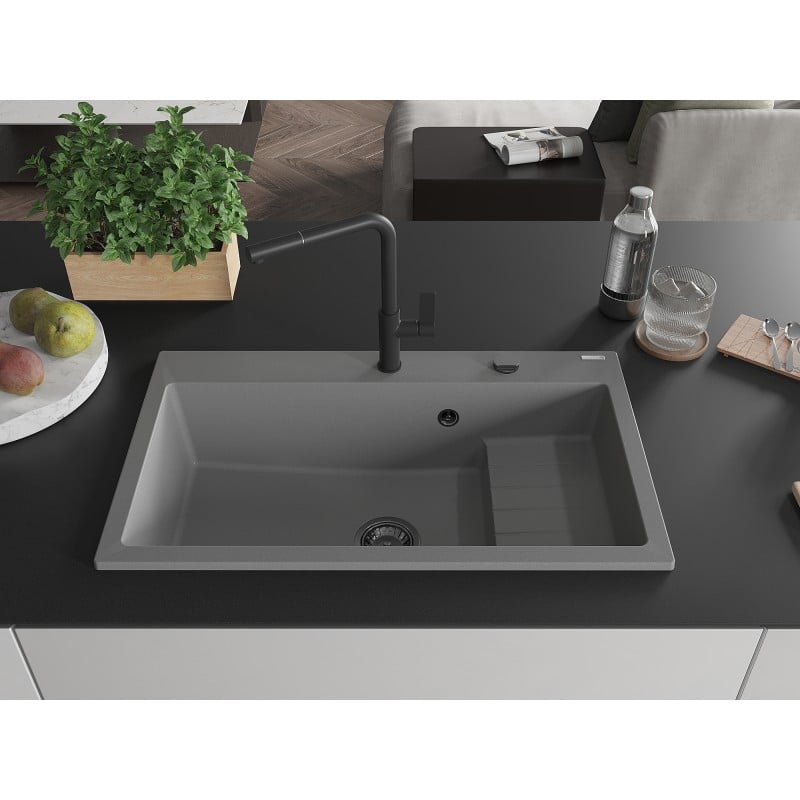 Mexen Omar žulový kuchynský drez s 1 komorou 800 x 480 mm, sivý, čierny sifón - 6520801005-71-B