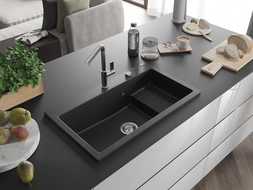 Mexen Omar žulový kuchynský drez s 1 komorou 800 x 480 mm, čierny/strieborný metalický, chrómový sifón - 6520801005-73