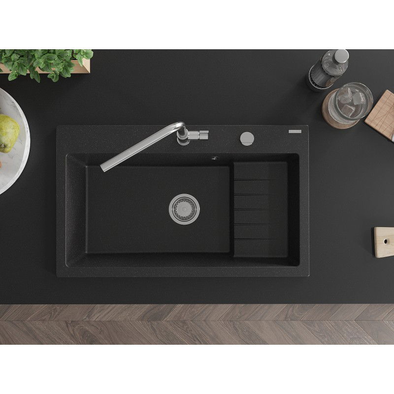 Mexen Omar žulový kuchynský drez s 1 komorou 800 x 480 mm, čierny/strieborný metalický, chrómový sifón - 6520801005-73