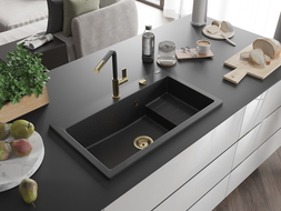 Mexen Omar žulový drez 1-komorový 800 x 480 mm, čierny/strieborný metalický, sifón zlatý - 6520801005-73-G