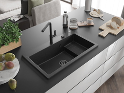 Mexen Omar žulový drez 1-komorový 800 x 480 mm, čierny/strieborný metalický, čierny sifón - 6520801005-73-B