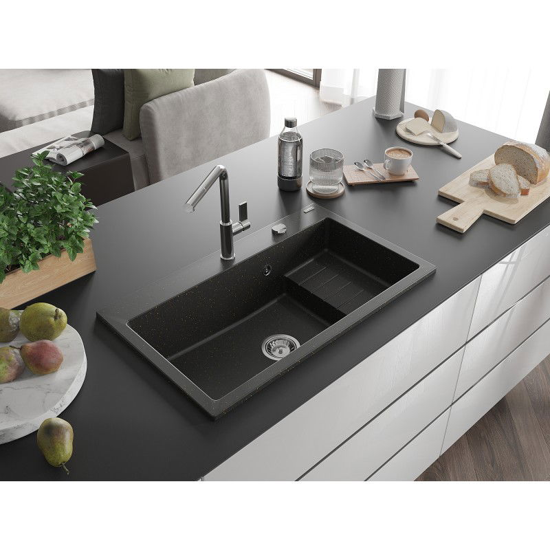 Mexen Omar žulový drez 1-komorový 800 x 480 mm, čierny/zlatý metalik, sifón chróm - 6520801005-75