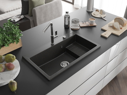 Mexen Omar žulový drez 1-komorový 800 x 480 mm, čierny/zlatý metalik, sifón chróm - 6520801005-75