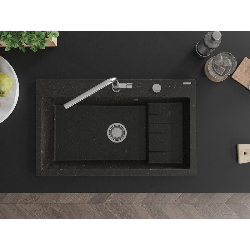 Mexen Omar žulový drez 1-komorový 800 x 480 mm, čierny/zlatý metalik, sifón chróm - 6520801005-75