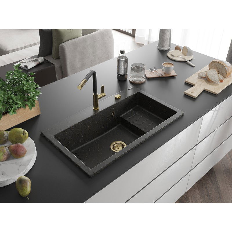 Mexen Omar žulový drez, 1-komorový 800 x 480 mm, čierny/zlatý metalický, zlatý sifón - 6520801005-75-G