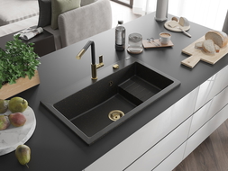 Mexen Omar žulový drez, 1-komorový 800 x 480 mm, čierny/zlatý metalický, zlatý sifón - 6520801005-75-G