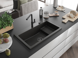 Mexen Omar žulový drez 1-komorový 800 x 480 mm, čierny/zlatý metalik, čierny sifón - 6520801005-75-B