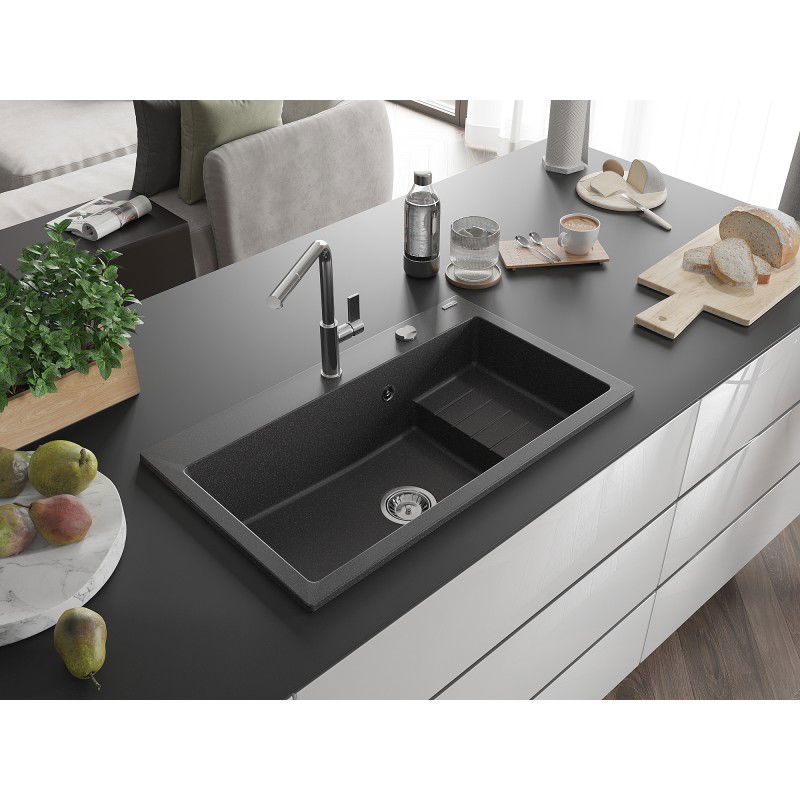 Mexen Omar žulový drez s 1 komorou 800 x 480 mm, čierno škvrnitý, sifón chróm - 6520801005-76