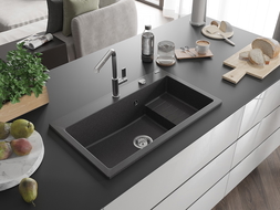 Mexen Omar žulový drez s 1 komorou 800 x 480 mm, čierno škvrnitý, sifón chróm - 6520801005-76