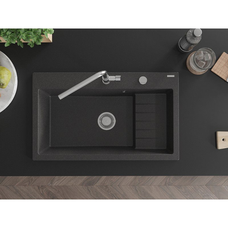 Mexen Omar žulový drez s 1 komorou 800 x 480 mm, čierno škvrnitý, sifón chróm - 6520801005-76