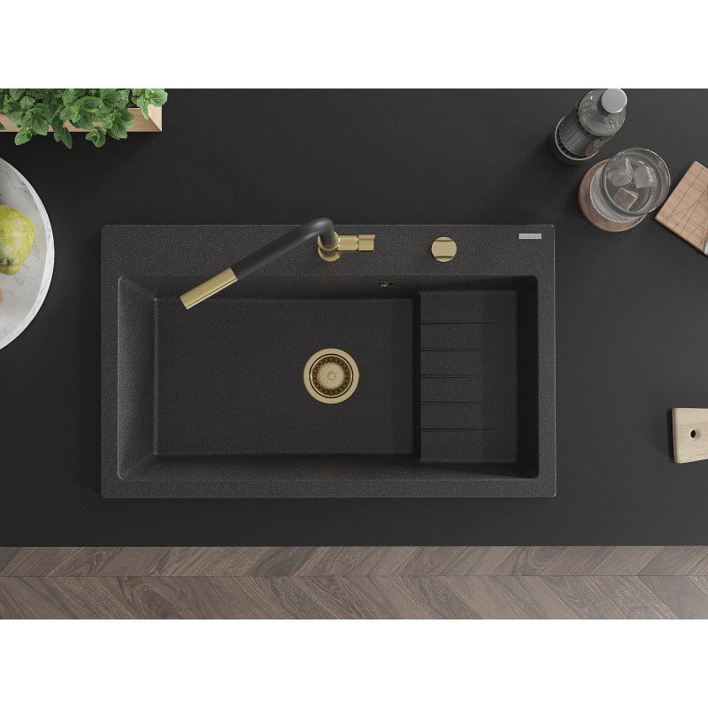 Mexen Omar žulový drez s jednou komorou 800 x 480 mm, čierny s fľakmi, zlatý sifón - 6520801005-76-G