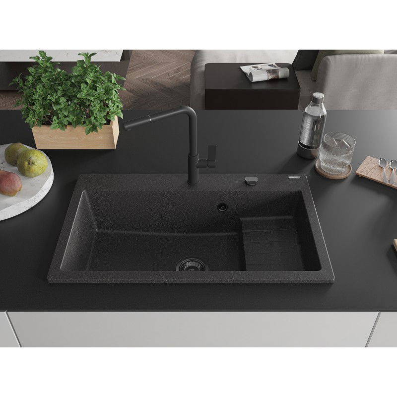 Mexen Omar žulový drez 1-komorový 800 x 480 mm, čierny bodkovaný, sifón čierny - 6520801005-76-B