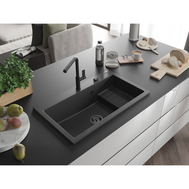 Mexen Omar žulový drez 1-komorový 800 x 480 mm, čierny bodkovaný, sifón čierny - 6520801005-76-B