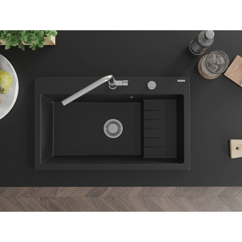 Mexen Omar žulový kuchynský drez s 1 komorou 800 x 480 mm, čierny, chrómový sifón - 6520801005-77