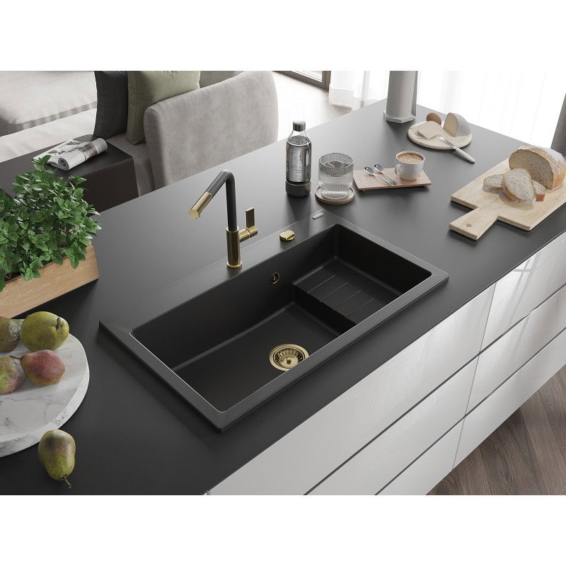 Mexen Omar 1-komorový granitový drez 800 x 480 mm, čierny, sifón zlatý - 6520801005-77-G