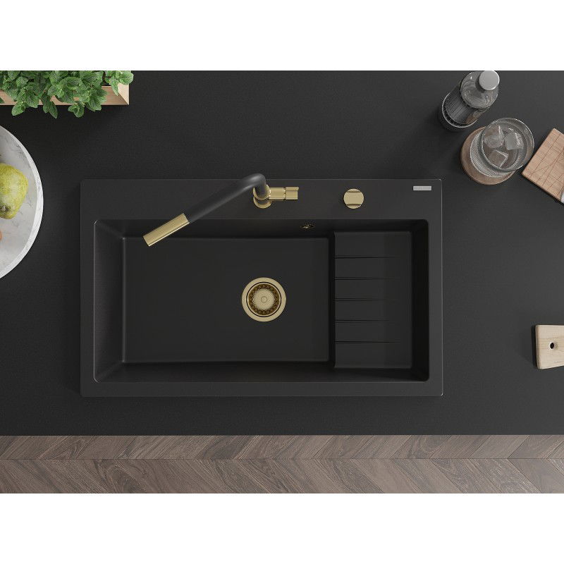 Mexen Omar 1-komorový granitový drez 800 x 480 mm, čierny, sifón zlatý - 6520801005-77-G