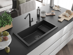 Mexen Omar granitový drez 1-komorový 800 x 480 mm, čierny, čierny sifón - 6520801005-77-B