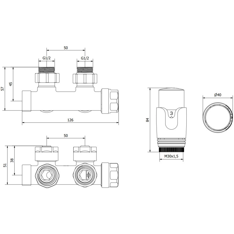 Mexen G00 termostatická súprava uhlová, Duplex, DN50, chróm - W907-900-01