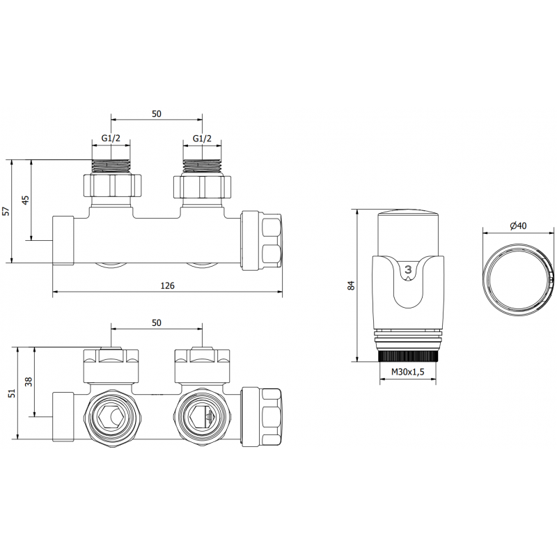 Mexen G00 termostatická sada rohová, Duplex, DN50, antracit - W907-900-66