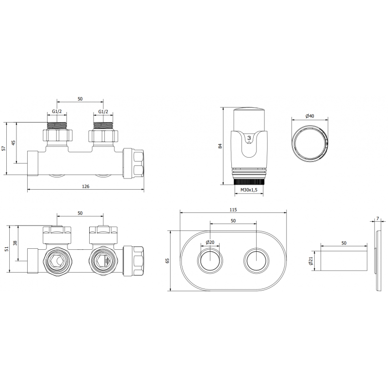 Mexen G00 uhlová termostatická sada s krytkou R, Duplex, DN50, antracit - W907-900-905-66