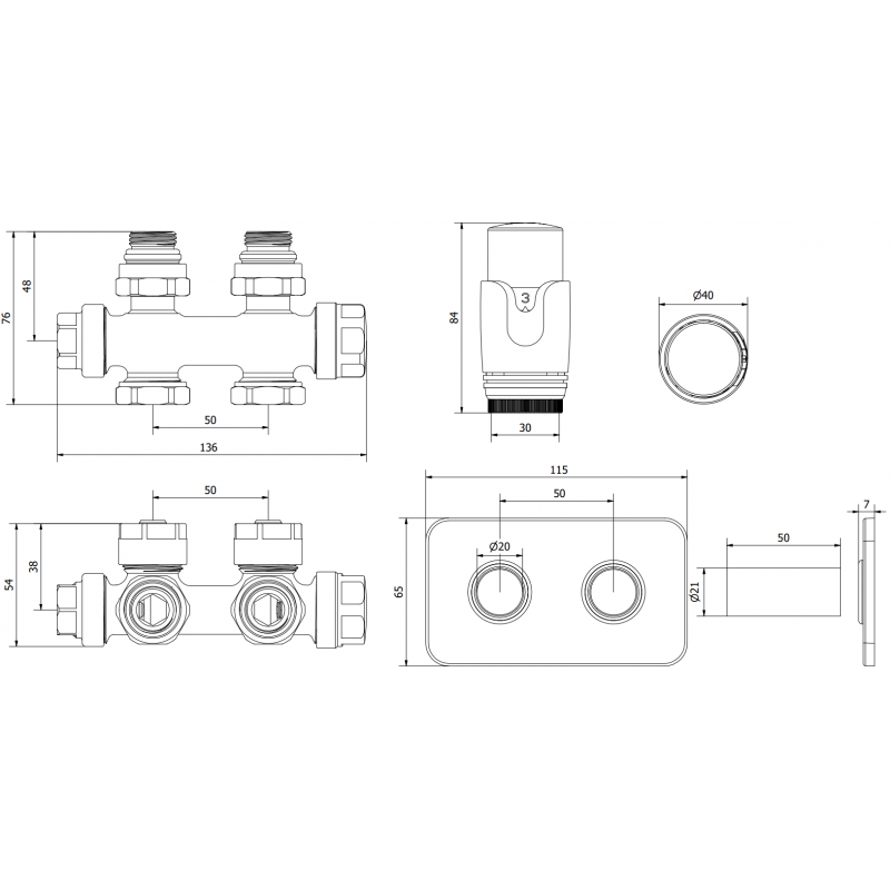 Mexen G00 termostatická sada rohová/priamo s maskovacou krytkou S, Duplex, DN50, biela - W908-900-910-20