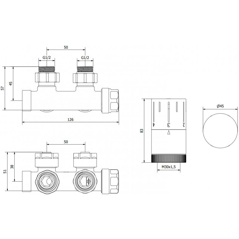 Mexen G05 termostatická súprava rohová, Duplex, DN50, zlatá - W907-958-50