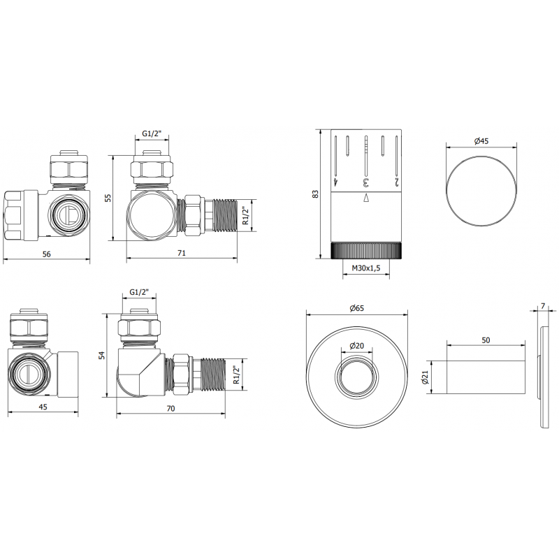 Mexen G05 sada termostatických ventilov osový s krytom R, biely - W903-958-904-20