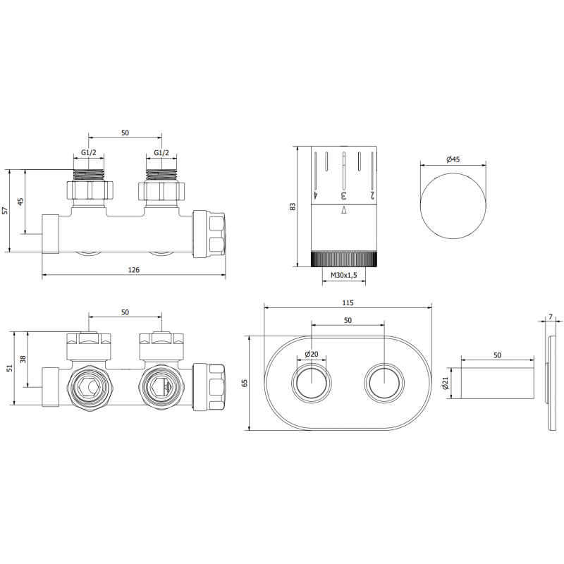 Mexen G05 termostatická rohová sada s krytom R, Duplex, DN50, zlatá - W907-958-905-50