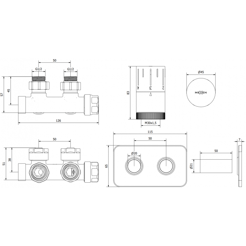 Mexen G05 termostatická súprava, uhlová s krytom S, Duplex, DN50, čierna - W907-958-910-70