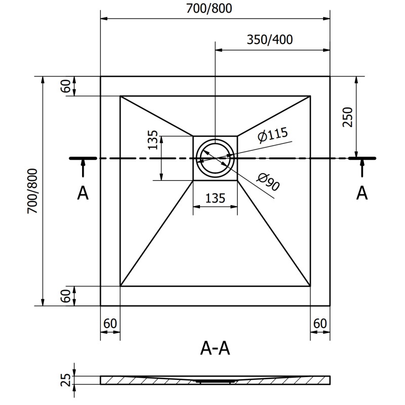 Mexen Stone+ kompozitná sprchová vanička štvorcová 70 x 70 cm, biela, krytka biela - 44107070-W