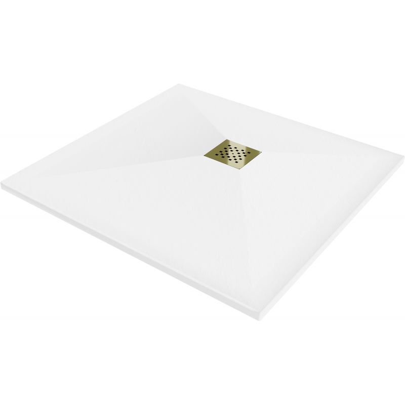 Mexen Stone+ sprchová vanička kompozitná štvorcová 100 x 100 cm, biela, krytka zlatá - 44101010-G