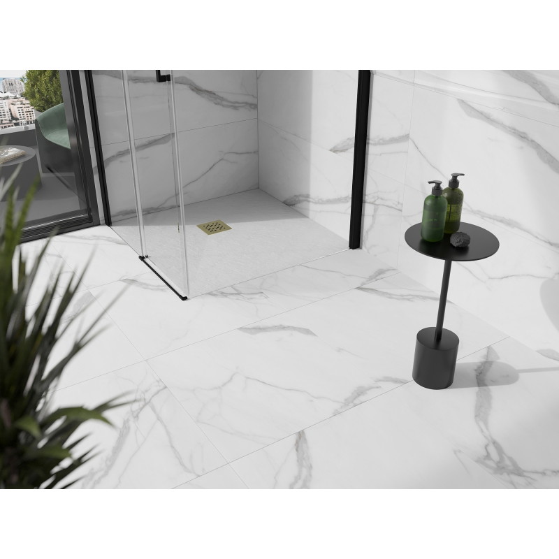 Mexen Stone+ štvorcová kompozitná sprchová vanička 100 x 100 cm, biela, zlatý kryt - 44101010-G