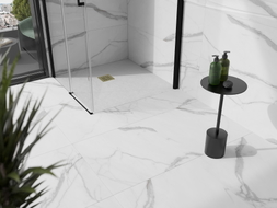 Mexen Stone+ štvorcová kompozitná sprchová vanička 70 x 70 cm, biela, zlatý kryt - 44107070-G